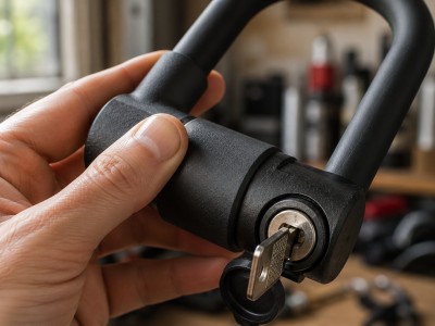 Vérification de l’homologation et de la qualité de la serrure d’un antivol scooter, gros plan sur la tête de verrouillage