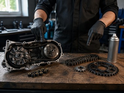 Sur un établi, pièces de variateur de scooter (courroie et galets) à côté d’un kit chaîne de moto 50cc avec pignons et bombe de lubrifiant.