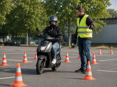 Jeune élève équipé casque et gants suit un exercice entre cônes avec un formateur gilet haute visibilité sur un parking européen.