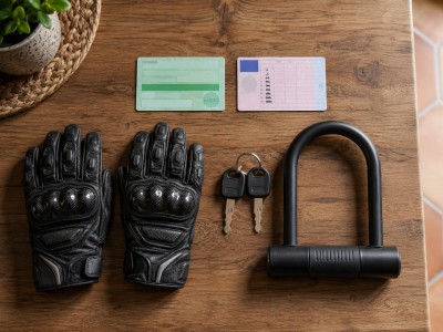 Vue à plat des indispensables pour assurer et rouler en 50cc à 14 ans: permis AM, carte verte, deux clés, gants et antivol U.