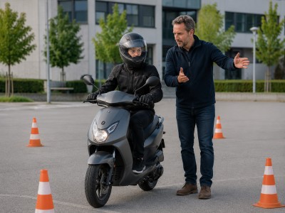 Seance d’entrainement sur parking vide avec un ado de 14 ans en scooter 50cc roulant au pas entre des cônes, parent guidant a distance.