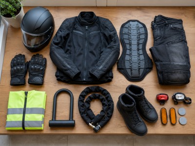 Ensemble d’equipements pour ado en scooter 50cc : casque integral, gants certifies, blouson renforce, dorsale, gilet haute visibilite, chaussures montantes et antivol U + chaine.