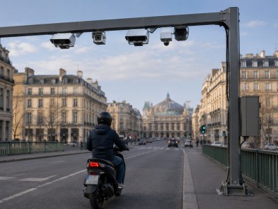 Scooter 50cc passant sous une caméra de contrôle à l’entrée d’une zone à faibles émissions