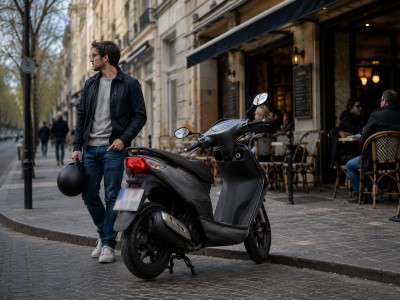 Scooter 50cc stationné légalement dans un centre-ville européen, ambiance sereine