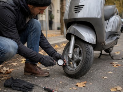 Mesure de la pression des pneus d’un scooter 50cc à froid avec un manomètre avant l’automne.