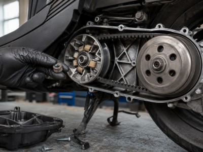 Carter de transmission CVT ouvert montrant courroie et galets de variateur d’un scooter 50cc.
