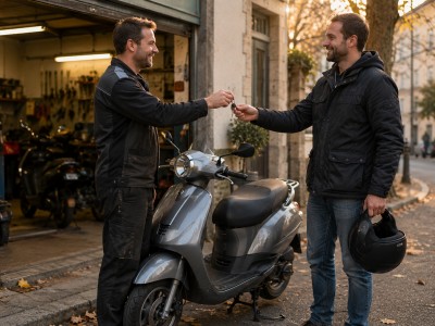 Scooter 50cc propre remis à son propriétaire devant l’atelier après révision, lumière d’automne.