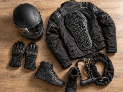 Casque intégral, gants, blouson avec dorsale, chaussures renforcées et antivol U-chaîne, vue à plat