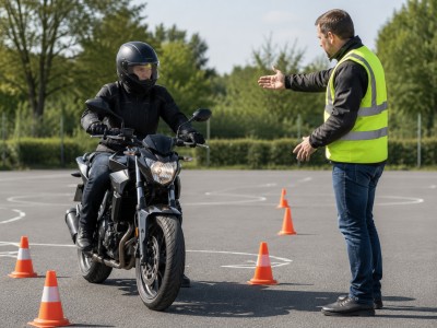 Séance de formation 7h 125cc sur parking européen avec moniteur, élève et cônes