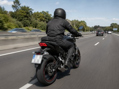 Motocycliste en 125 sur voie rapide européenne, circulation fluide et équipement complet