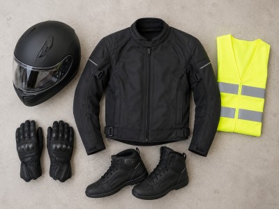Casque intégral, gants CE, blouson renforcé et chaussures montantes posés en à-plat