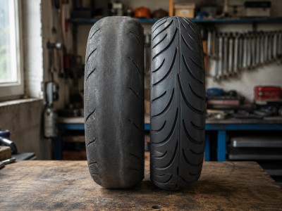 Pneu scooter 50cc usé à plat et micro-craquelé posé à côté d’un pneu neuf aux rainures profondes sur un établi d’atelier.