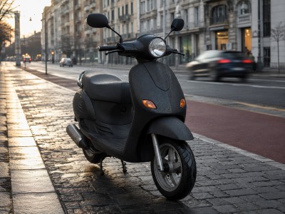 Scooter 50cc stationné sur rue européenne humide avec pavés et piste cyclable au petit matin, contexte typique d’usage urbain sous la pluie.