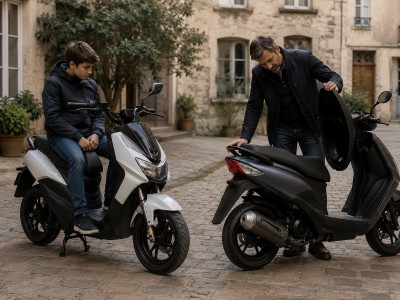 Parent et ado comparent côte à côte un scooter 50cc thermique et un modèle électrique, vérifiant hauteur de selle et capacité de rangement.