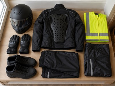 Équipement complet pour ado à scooter 50cc: casque homologué, gants certifiés, blouson avec dorsale, chaussures montantes, gilet haute visibilité et tenue de pluie.